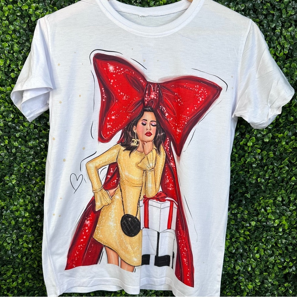 One size stylish fashion graphic red bow‎ Tee nwt